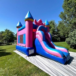 bounce house rental pink blue castle slide front carmel indiana.jp 1 Pink and Blue Bounce House Castle with slide Dry