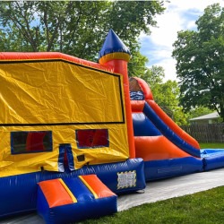 adventure orange castle wet bounce house door closeup rental carme 1 Adventure Orange Castle Combo Bounce House with Splash Pool