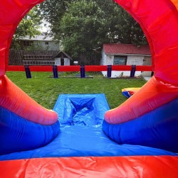 adventure orange castle wet bounce house slide top view rental zio 1 Adventure Orange Castle Bounce House with Slide and Pool