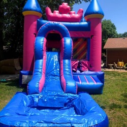 bounce house rental pink blue castle slide front pool carmel india 1 Pink And Blue Bounce House Castle with Slide and Pool