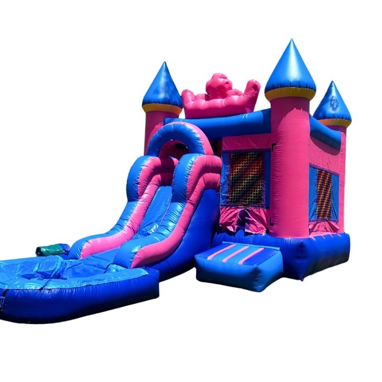 Pink And Blue Bounce House Castle with Slide and Pool