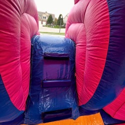 bounce house rental pink blue castle slide steps close up carmel i 1 Pink And Blue Bounce House Castle with Slide and Pool