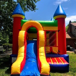 bounce house rental red yellow blue castle front closeup carmel in 1 Colorful Bounce House Castle with Slide Dry